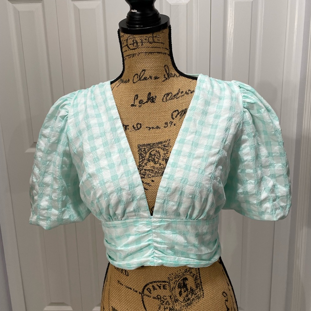 Zara Light Green Gingham Puff Sleeve Blouse